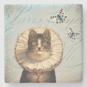 Posavasos De Piedra Gato del vintage con el cuello y las mariposas del