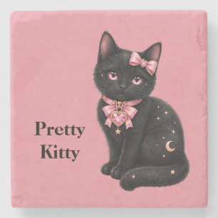 Posavasos De Piedra Gato Gatito Negro Bonito en Rosa