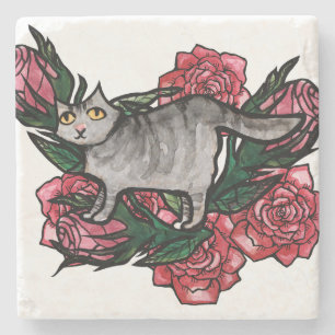 Posavasos De Piedra Gato gris Rosas Gris Gris Gatos
