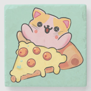 Posavasos De Piedra Gato Kawaii Abrazando Pizza de Pepperoni Dibujo An