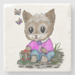 Posavasos De Piedra Gato Kitty y mariposa