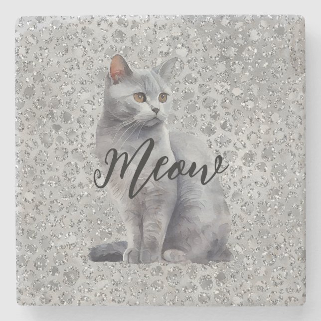 Posavasos De Piedra Gato Leopard Gray Meow Kitty (Anverso)