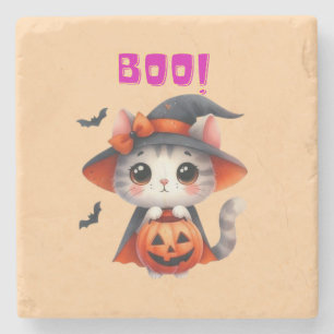 Posavasos De Piedra Gato lindo de Halloween con calabaza y decoración