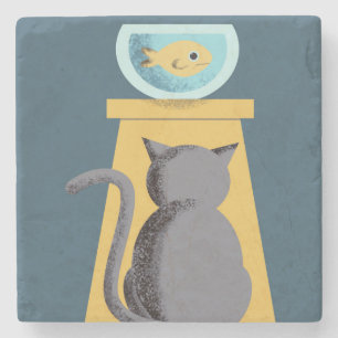 Posavasos De Piedra Gato mirando hacia abajo pez dorado casa linda