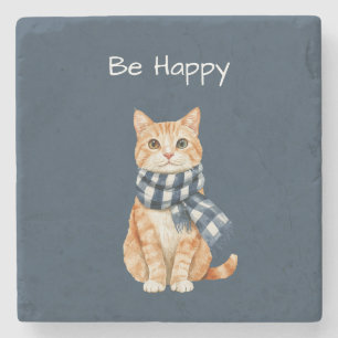 Posavasos De Piedra Gato Naranja Bufanda Azul Blanca Sé Feliz