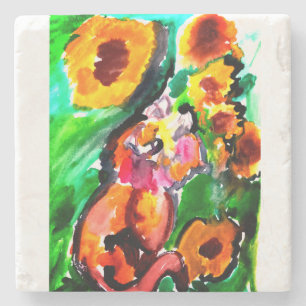Posavasos De Piedra Gato naranja y girasoles