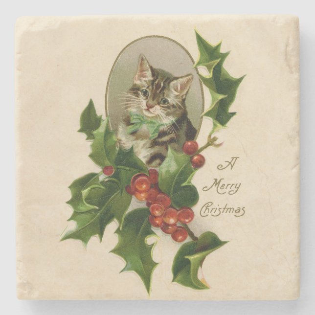 Posavasos De Piedra Gato Navidades Merry Holly Kitten Arte Antiguo (Anverso)