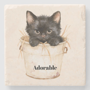 Posavasos De Piedra Gato negro adorable y lindo en cubeta