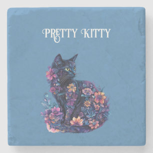 Posavasos De Piedra Gato negro azul flores gatito bonito