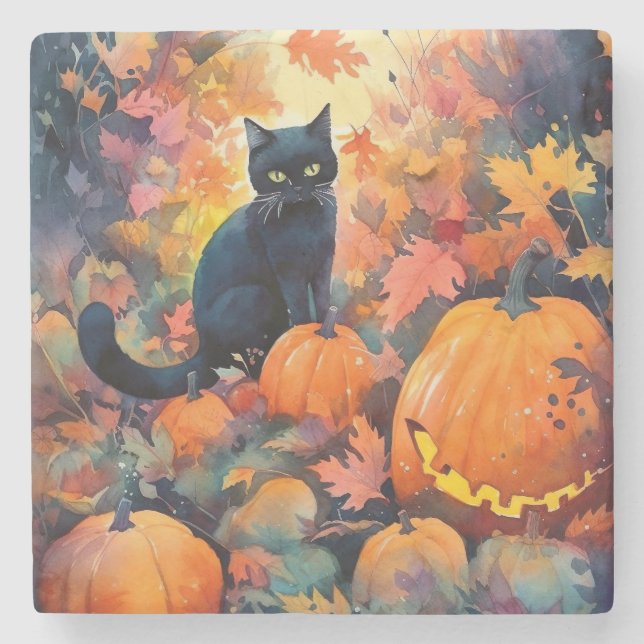 Posavasos De Piedra Gato negro de Halloween con calabazas aterradoras (Anverso)