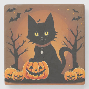 Posavasos De Piedra Gato negro de Halloween rodeado de Jack-o'-Lantern