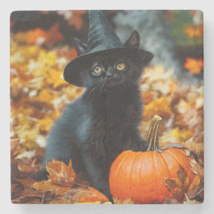 Posavasos De Piedra Gato negro de Halloween y calabaza