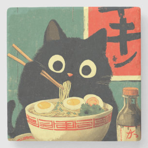 Posavasos De Piedra Gato negro divertido comiendo Ramen