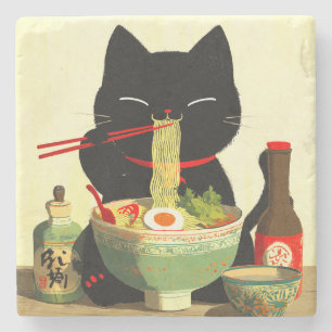 Posavasos De Piedra Gato negro feliz comiendo Ramen   Ukiyo-e japonés