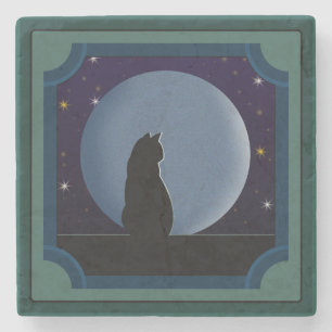 Posavasos De Piedra Gato negro, luna llena, estrellas