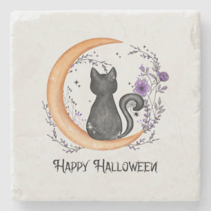 Posavasos De Piedra Gato negro y luna creciente por feliz Halloween