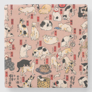 Posavasos De Piedra Gato Patrón Ukiyo-e Japonés Antiguo: Kuniyoshi