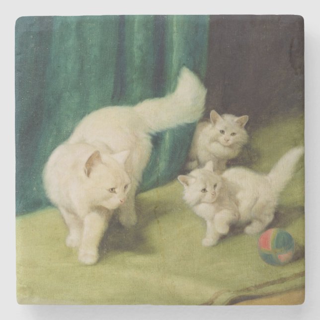 Posavasos De Piedra Gato persa blanco con dos gatitos (Anverso)