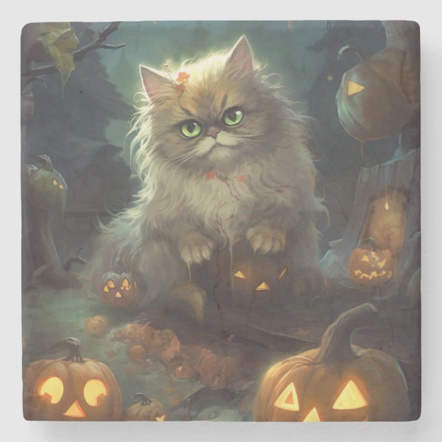 Posavasos De Piedra Gato persa de Halloween con calabazas aterradoras (Anverso)