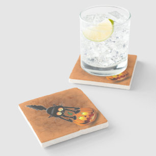 Posavasos De Piedra Gato Personalizado asustado de Halloween en calaba