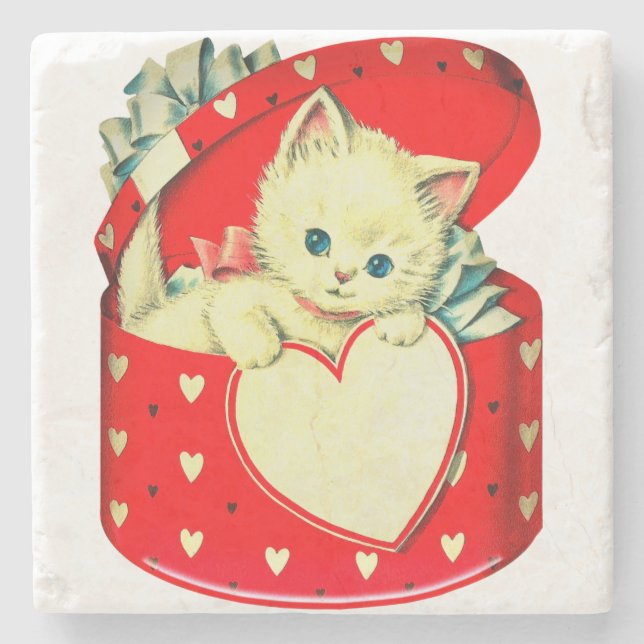 Posavasos De Piedra Gato retro Kitty Corazón de Corazón (Anverso)