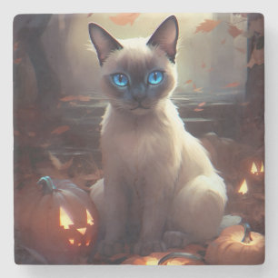Posavasos De Piedra Gato siamés de Halloween con calabazas espeluznant