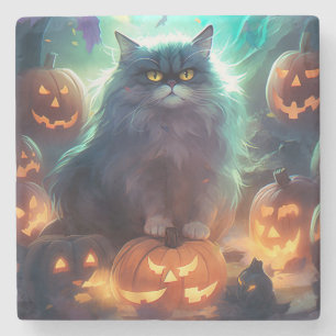 Posavasos De Piedra Gato Siberiano de Halloween con Calabazas Espeluzn