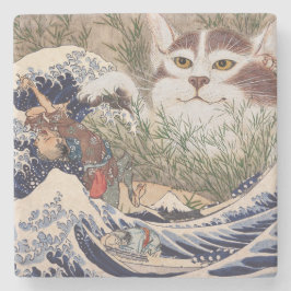 Posavasos De Piedra Gato sobrenatural en la gran ola