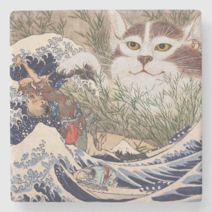 Posavasos De Piedra Gato sobrenatural en la gran ola