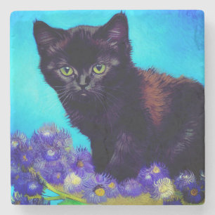 Posavasos De Piedra Gato Van Gogh y flores