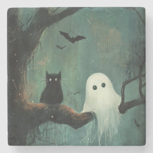 Posavasos De Piedra Gato y fantasma de Halloween