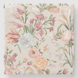 Posavasos De Piedra Gatos Blancos Rosas Rosas Floral