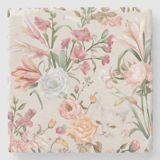 Posavasos De Piedra Gatos Blancos Rosas Rosas Floral