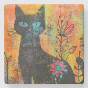 Posavasos De Piedra Gatos de color de agua boho - Arte felino de tierr