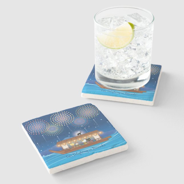 Posavasos De Piedra Gatos deslumbrando en fuegos artificiales a bordo  (Lateral)