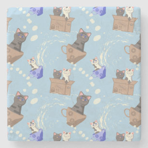 Posavasos De Piedra Gatos en caja y gotas de leche en azul