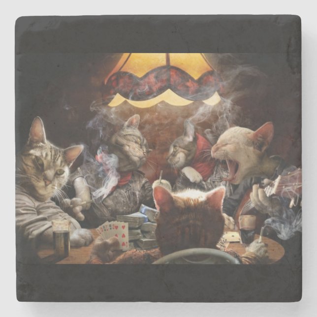 Posavasos De Piedra Gatos jugando al póquer (Anverso)