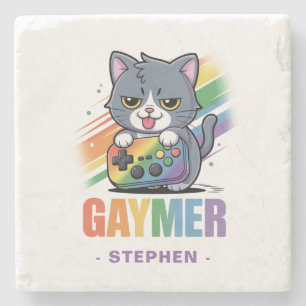 Posavasos De Piedra Gaymer - Gato de juegos de arcoiris con consola