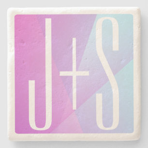 Posavasos De Piedra Genial Geométrico Rosa y Morado Iniciales de Par