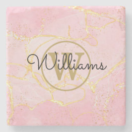 Posavasos De Piedra Geoda de Ágata Rosa con Monograma de Oro