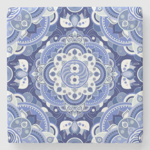 Posavasos De Piedra Geométrico azul vintage, ornamento indio.