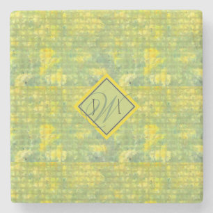 Posavasos De Piedra Geométrico de abstracto amarillo y verde monograma
