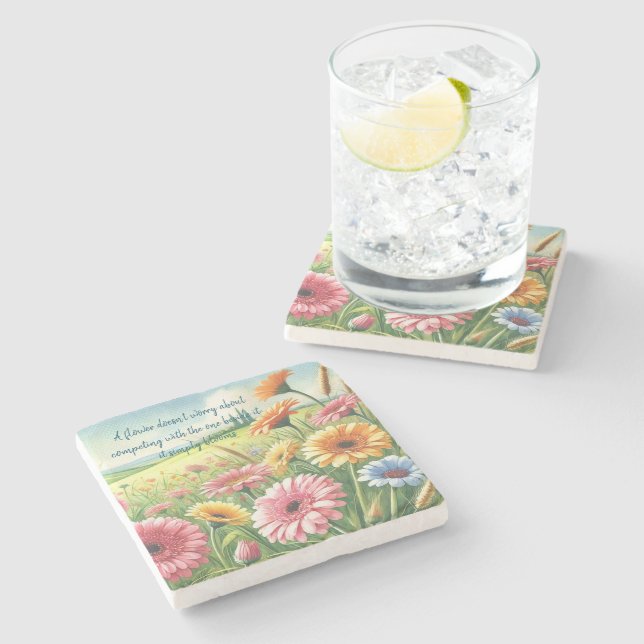Posavasos De Piedra Gerbera Daisy Field & Quote (Lateral)