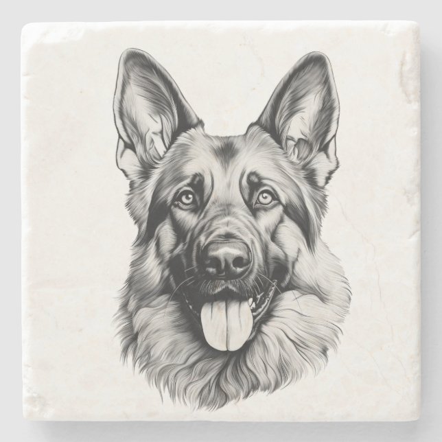 Posavasos De Piedra German Shepherd Sketch Stone Coaster | B&W (Anverso)