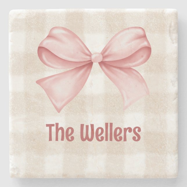 Posavasos De Piedra Gingham y Coquette Bow personalizados (Anverso)