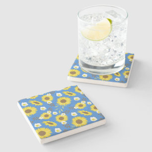 Posavasos De Piedra Girasol Amarillo Flor Fondo Azul Floral