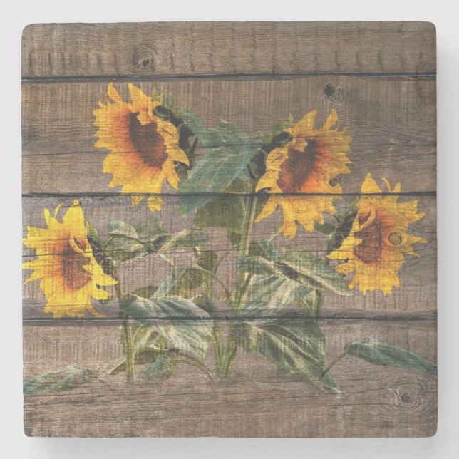 Posavasos De Piedra Girasol de madera de grano rústico (Anverso)