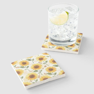 Posavasos De Piedra Girasoles Amarillos Acuarela Floral Caprichoso