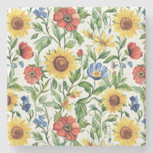Posavasos De Piedra Girasoles Azules Rojos Amarillos Floral Italiano