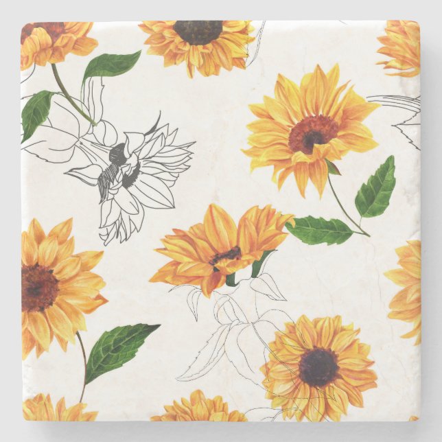 Posavasos De Piedra girasoles dibujados a mano: patrón amarillo vibran (Anverso)